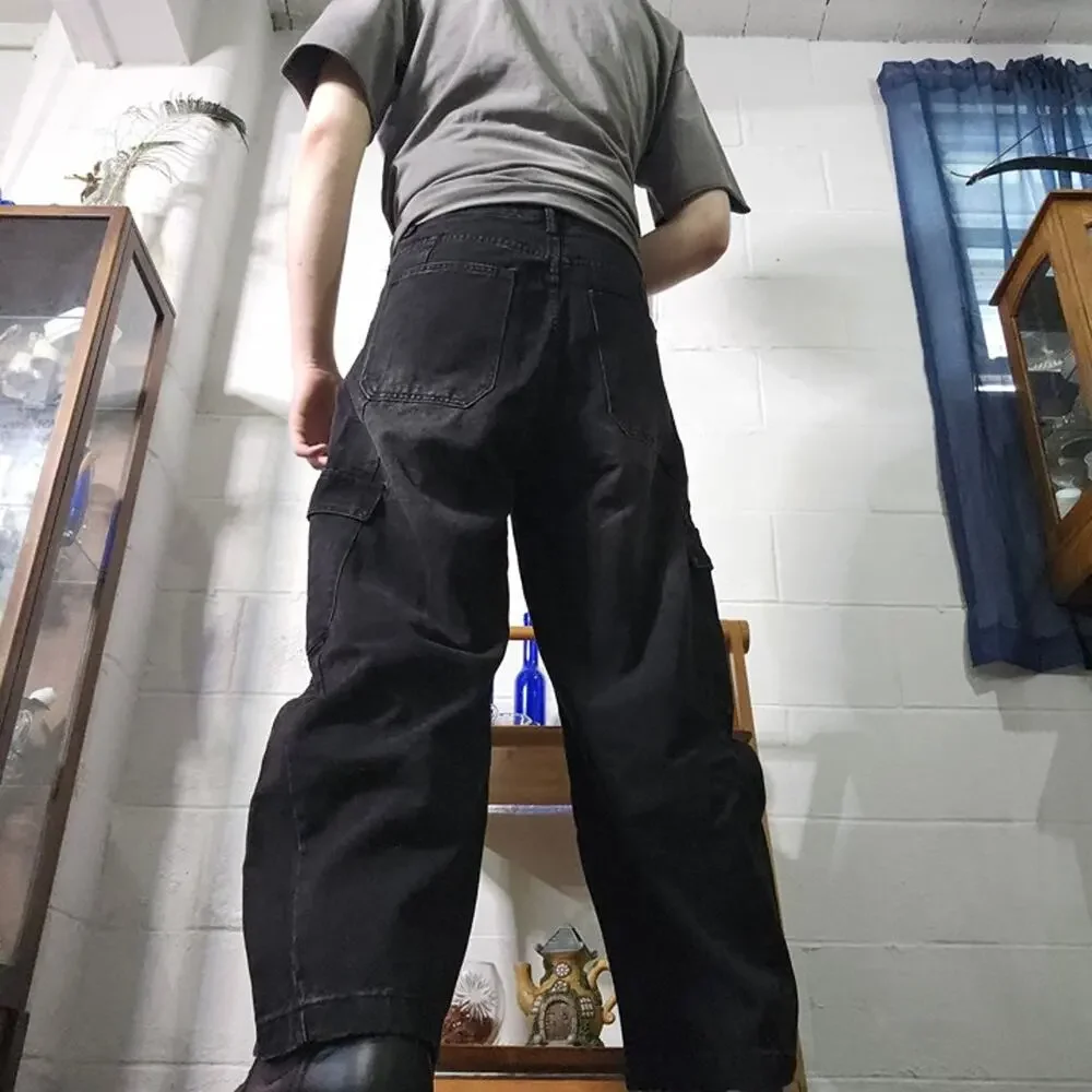 Black Baggy Wide Leg Cargo Jeans | Flap Utility Pockets | W30 42in